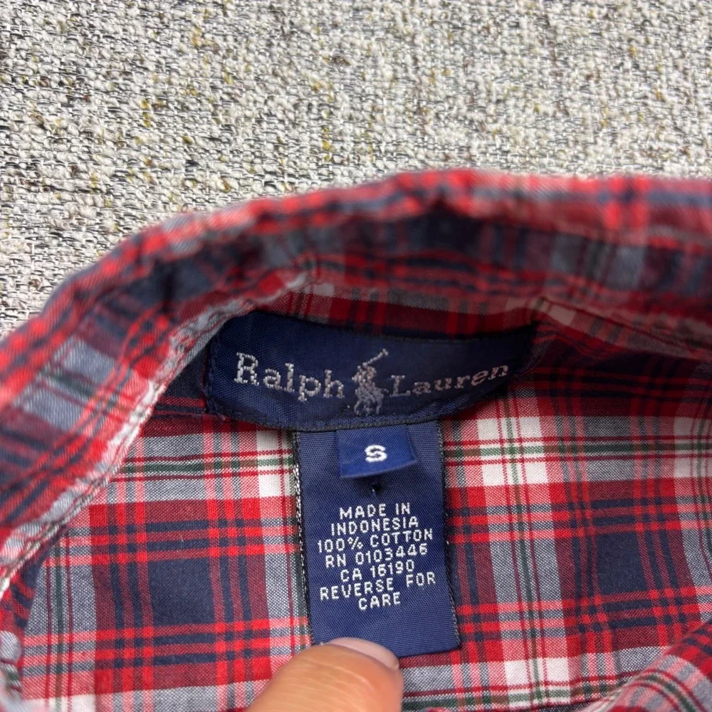 Ralph Lauren Kids Red Navy Blue Plaid Button Down Shirt Size S Cotton Pony Logo